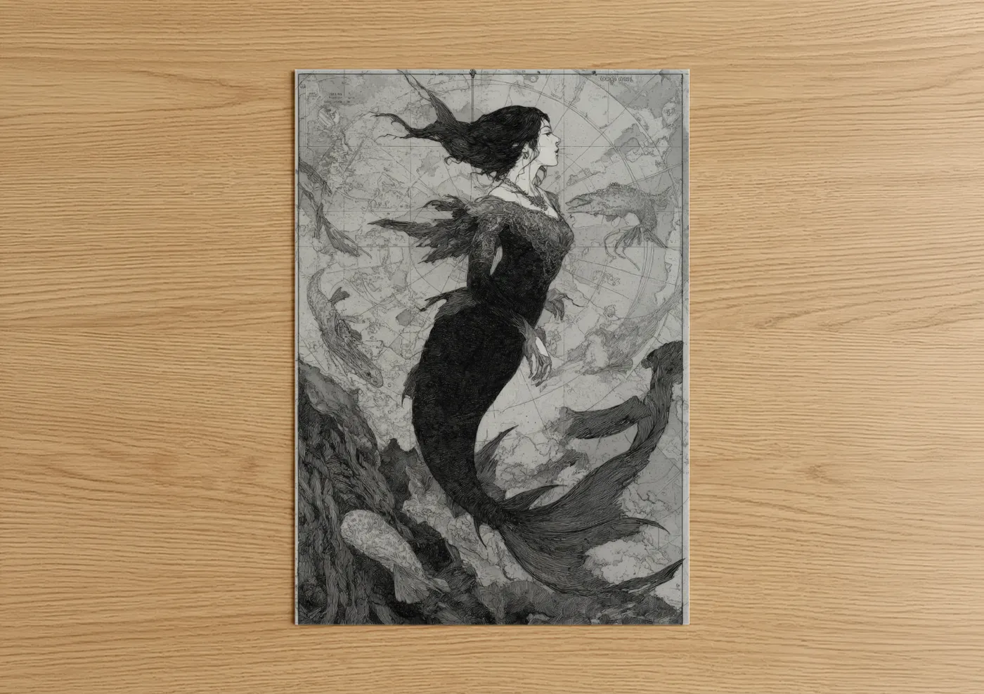 Celestial Mermaid Etching Map Wall Art