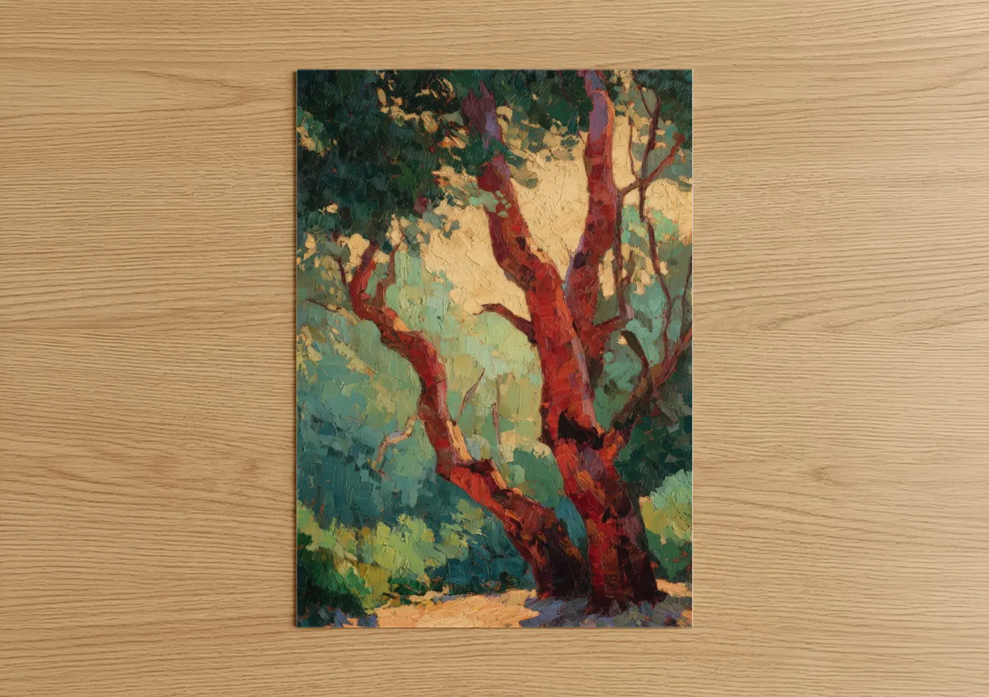 Arbutus tree art print on warm oak wood — red and gold palette — Crimson Arbutus poster