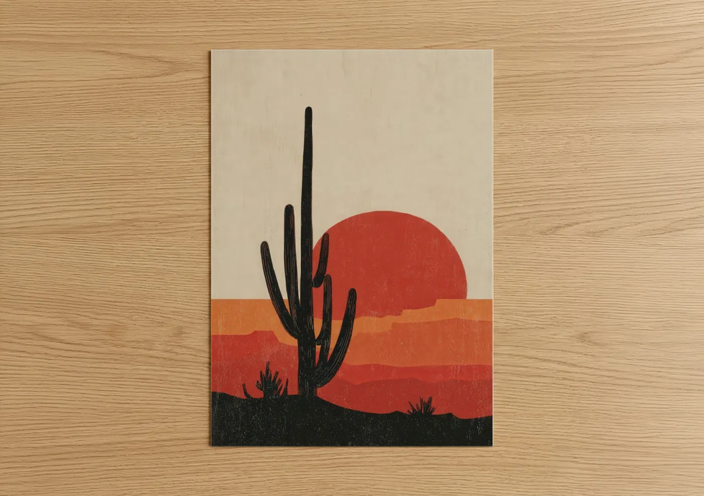Art print on warm oak wood — red and orange palette — Desert Sunset Cactus poster