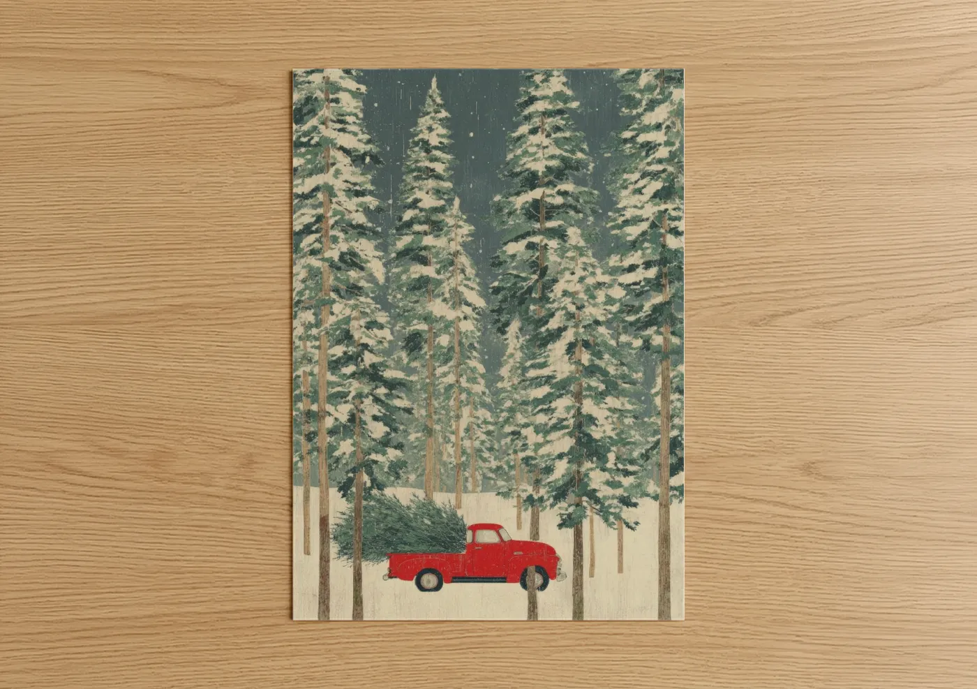 Vintage Red Truck Winter Forest Christmas Wall Art