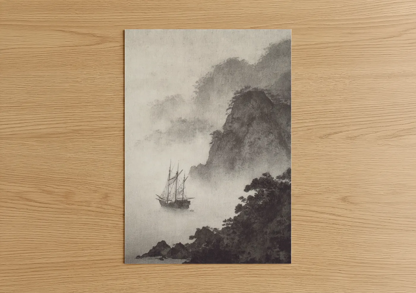 Art print on warm oak wood — black and white and gray palette — Misty Sailing Adventure poster