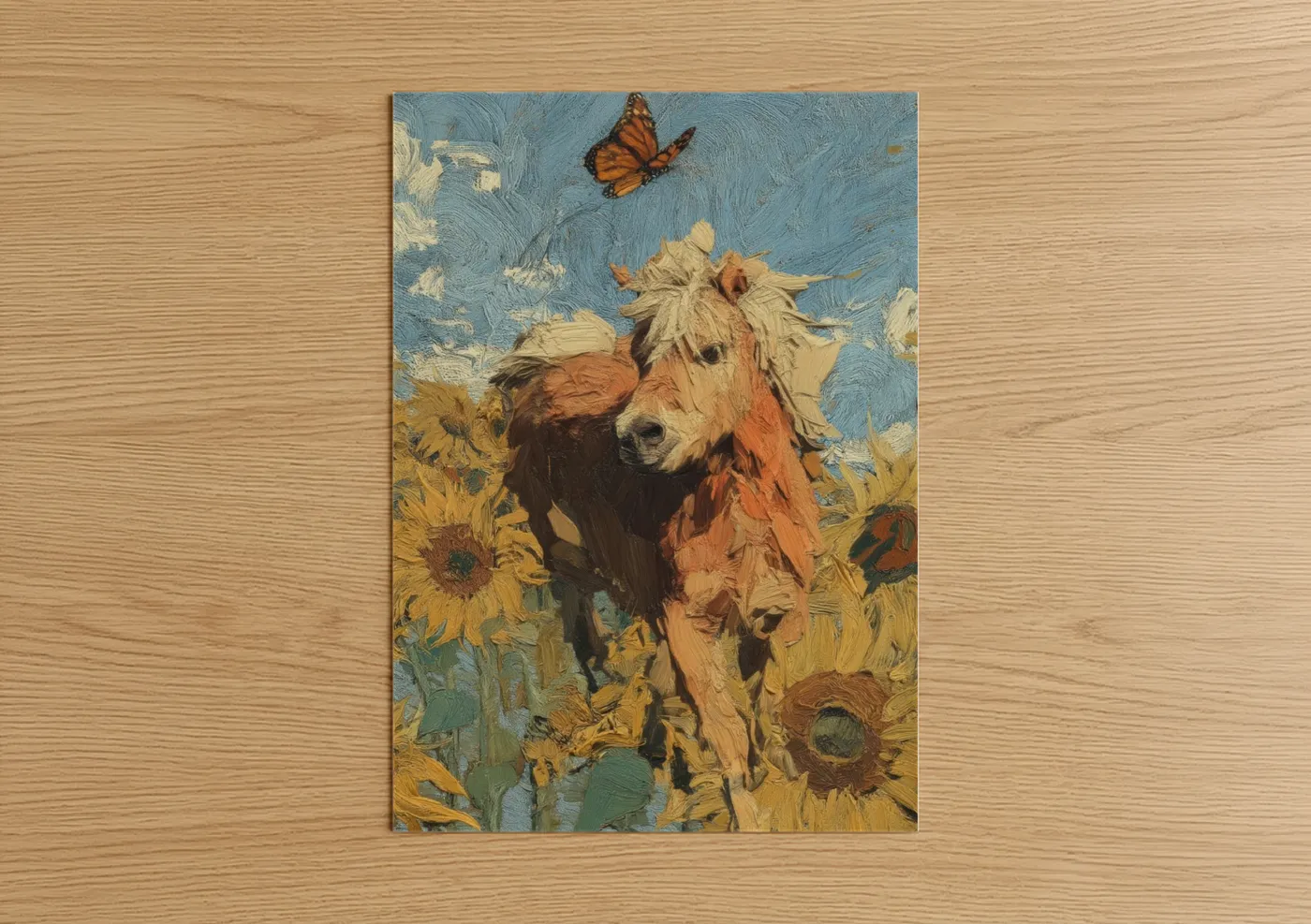 Art print on warm oak wood — blue and gold palette — Sunflower Miniature Horse poster