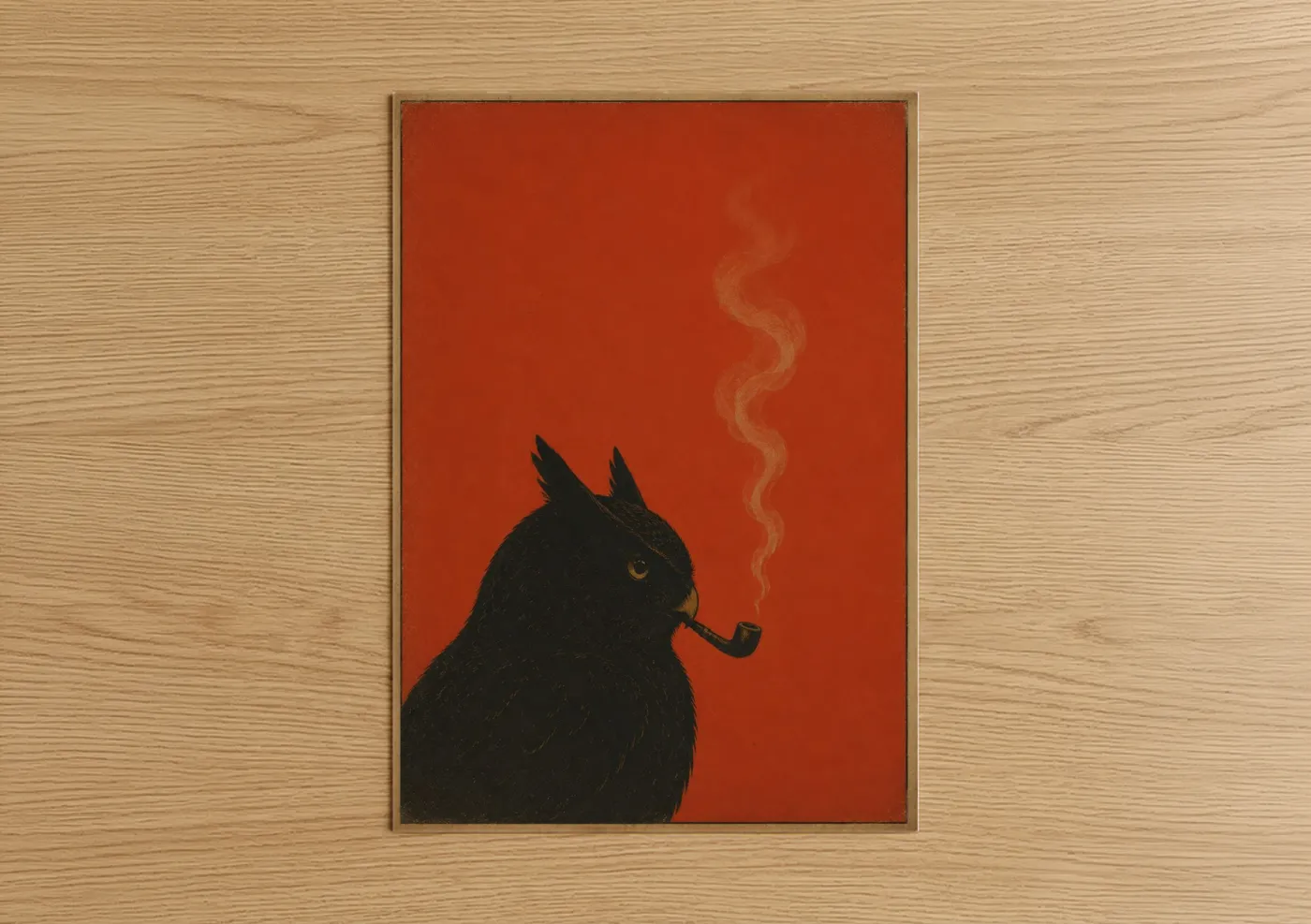 Art print on warm oak wood — red and black palette — Owl Smoking Pipe Wall Art poster