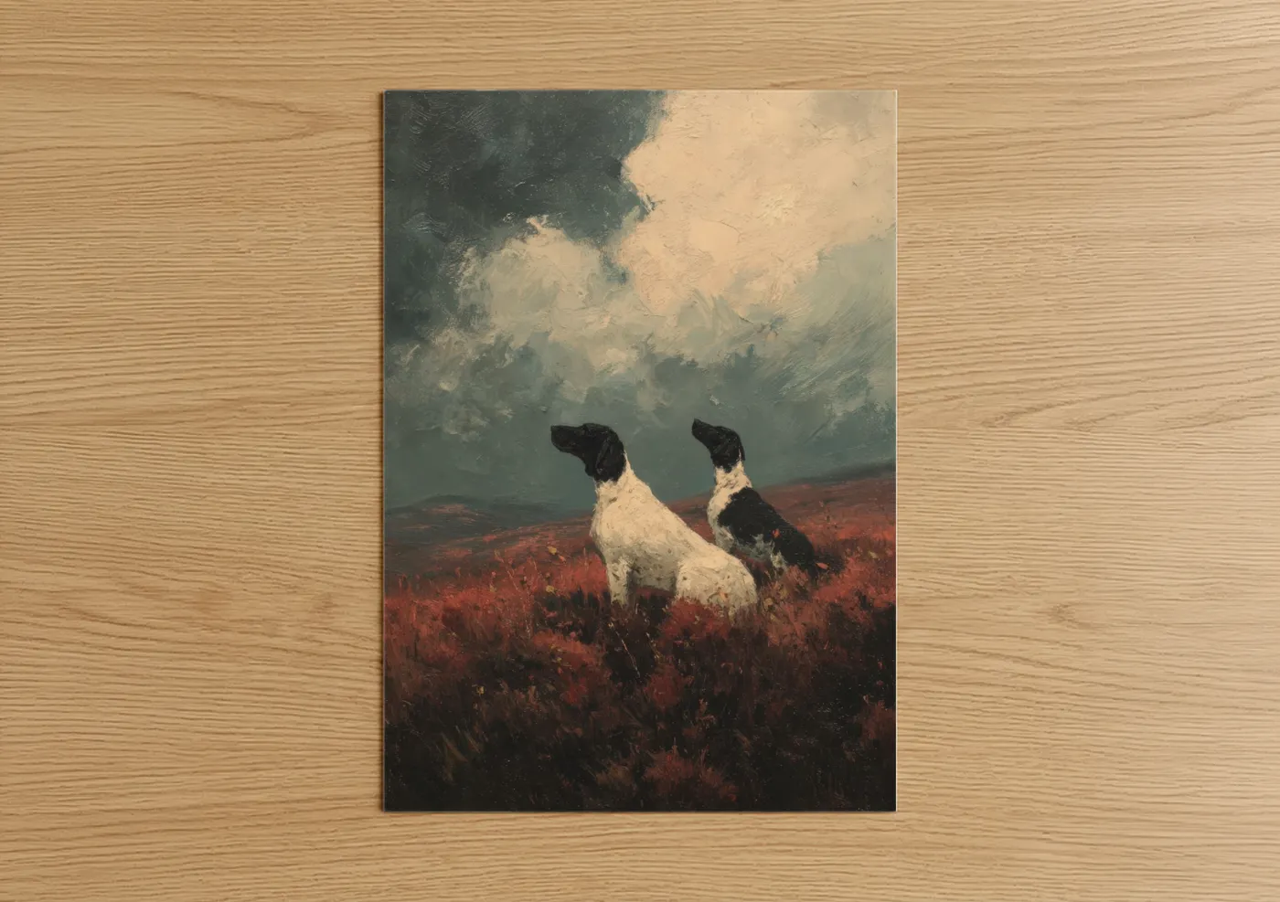 Art print on warm oak wood — black and white and russet palette — Moorland Hunting Dogs poster