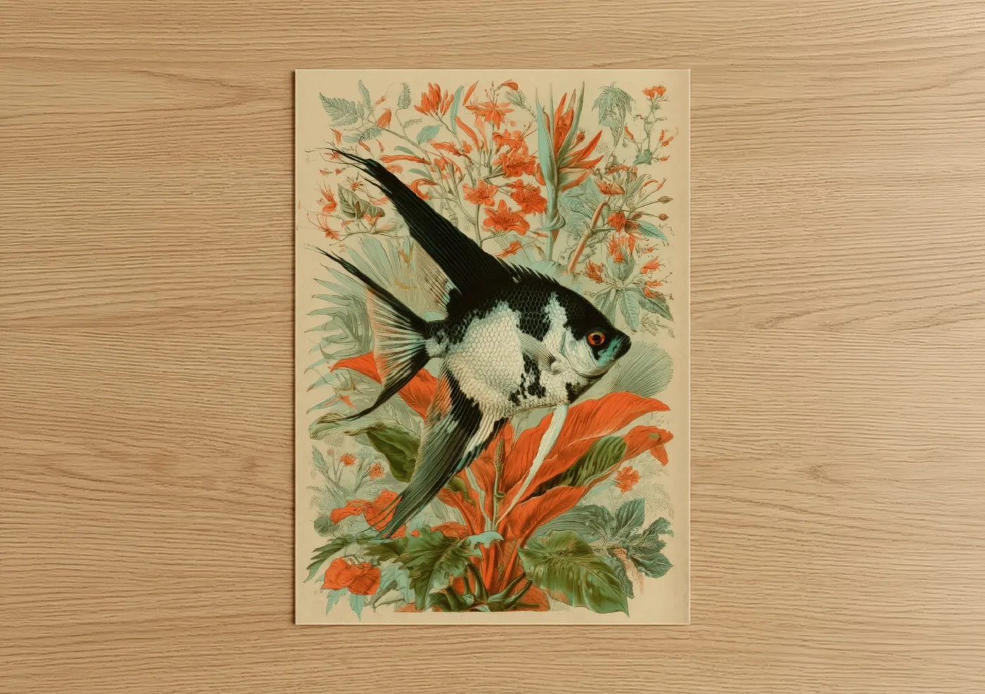 Art print on warm oak wood — orange and sage green palette — Ornamental Angel Fish poster