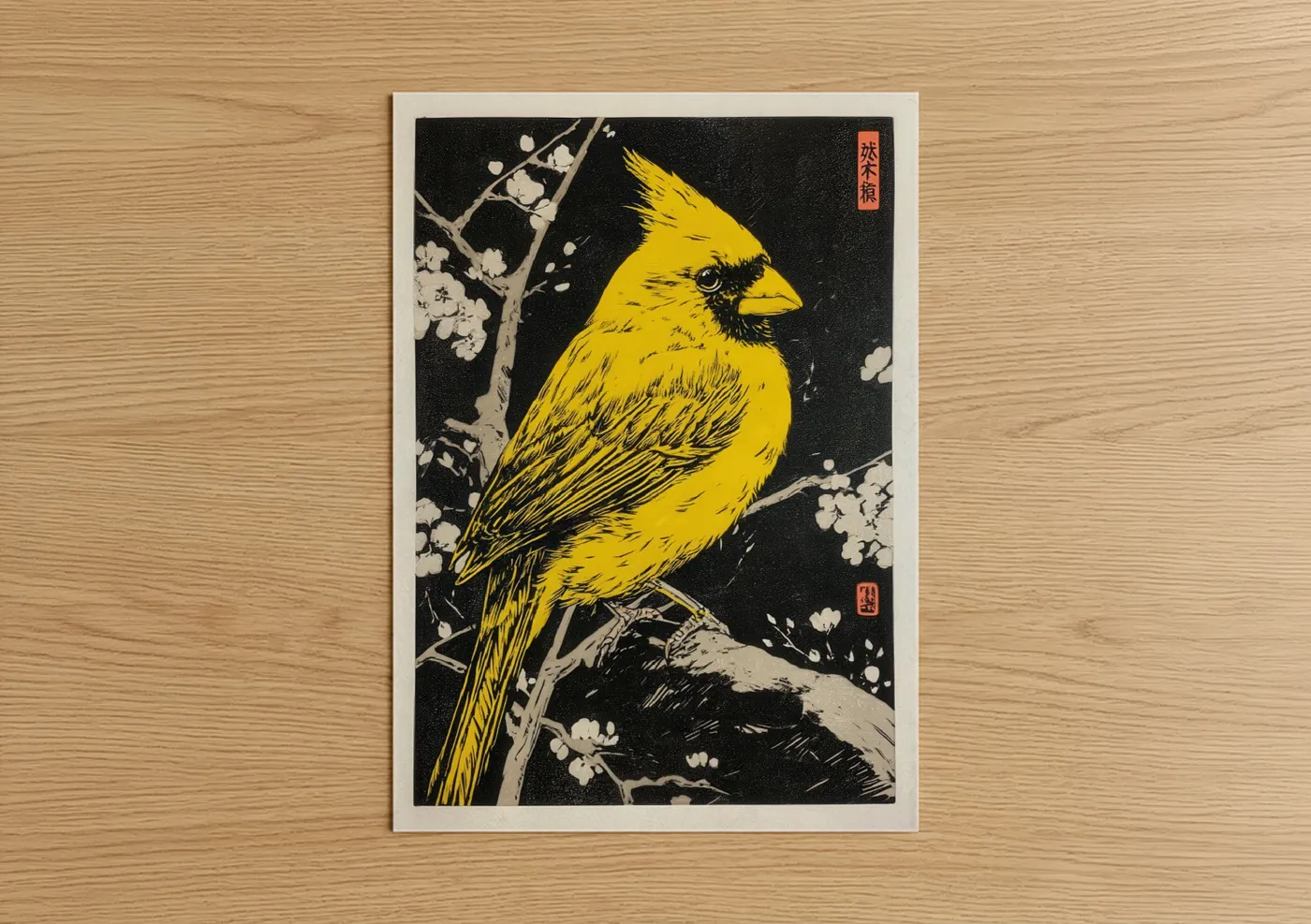 Art print on warm oak wood — yellow gold and black and white palette — Golden Cardinal Blossom poster