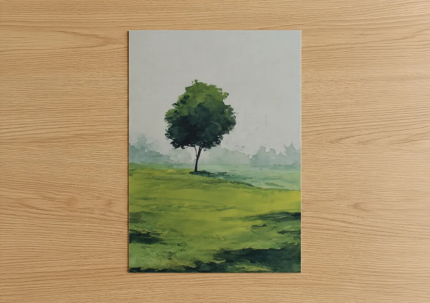 Fruit trees art print on warm oak wood — green and light green palette — Solitary Fruit Tree poster