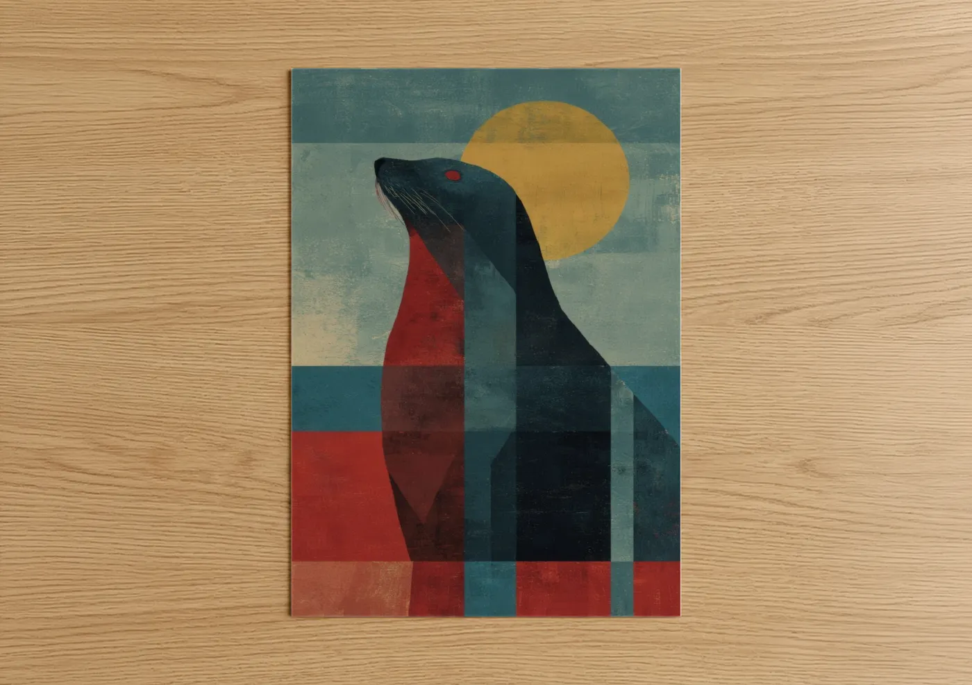 Art print on warm oak wood — gold palette — Golden Sea Lion poster