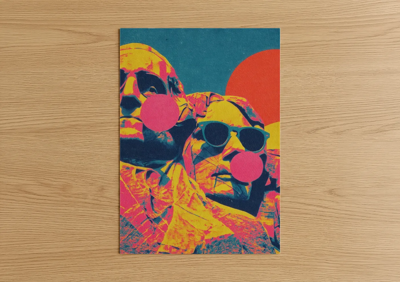 Art print on warm oak wood — yellow gold and magenta palette — Neon Window Duo poster