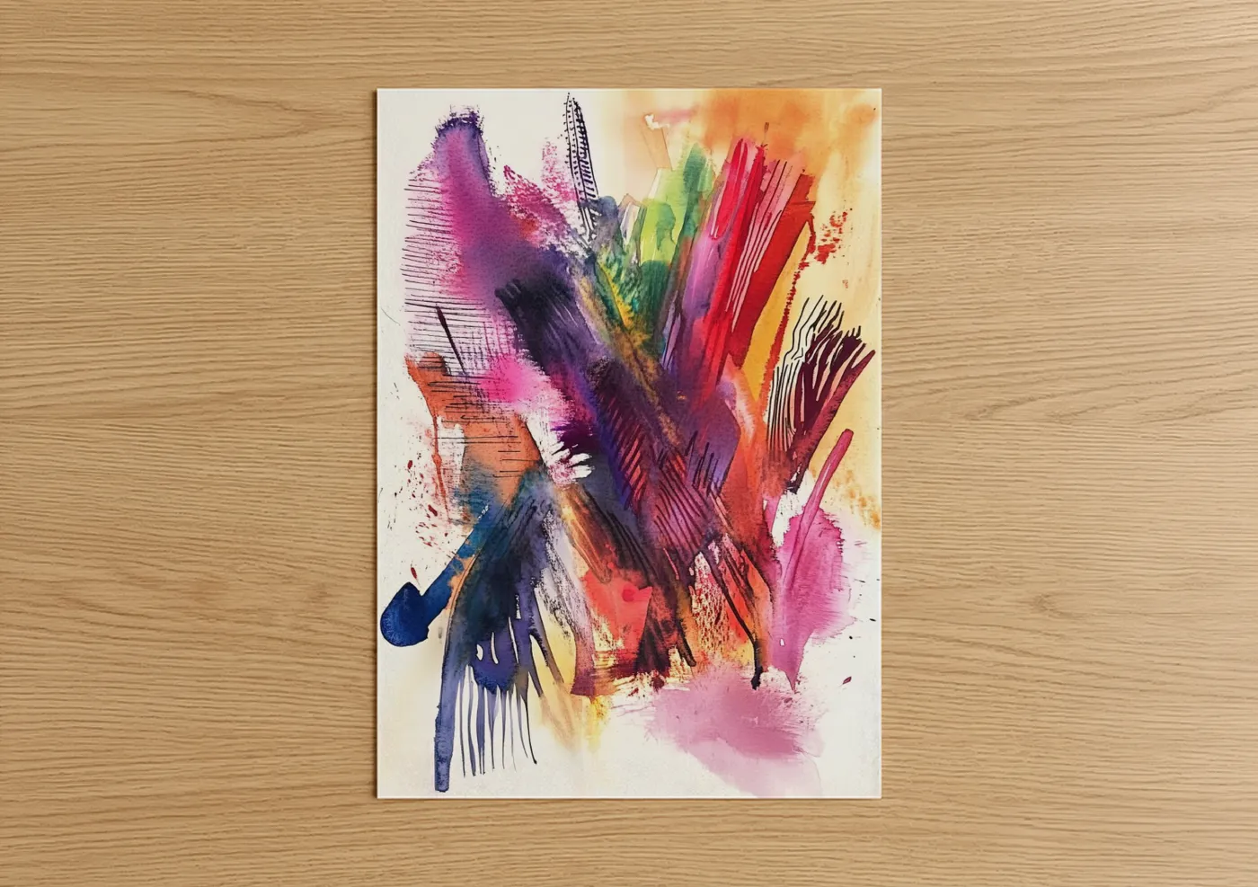 Abstract expressionism art print on warm oak wood — magenta and blue and gold palette — Expressive Brushstroke Fusion poster