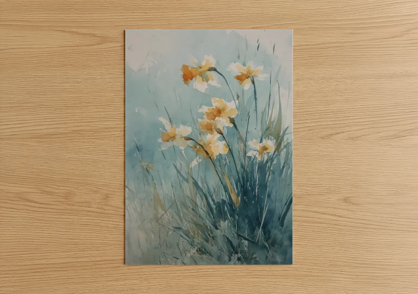 Art print on warm oak wood — blue and gold and cream palette — Golden Daffodils poster