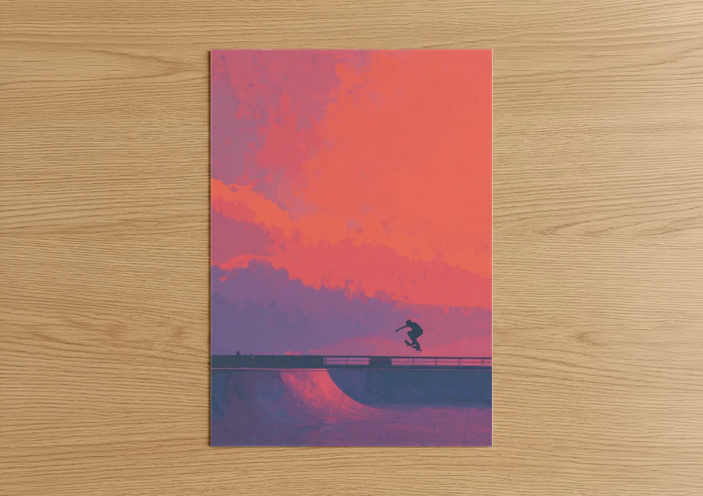 Skateboarding art print on warm oak wood — pink and orange palette — Sunset Skateboarder poster
