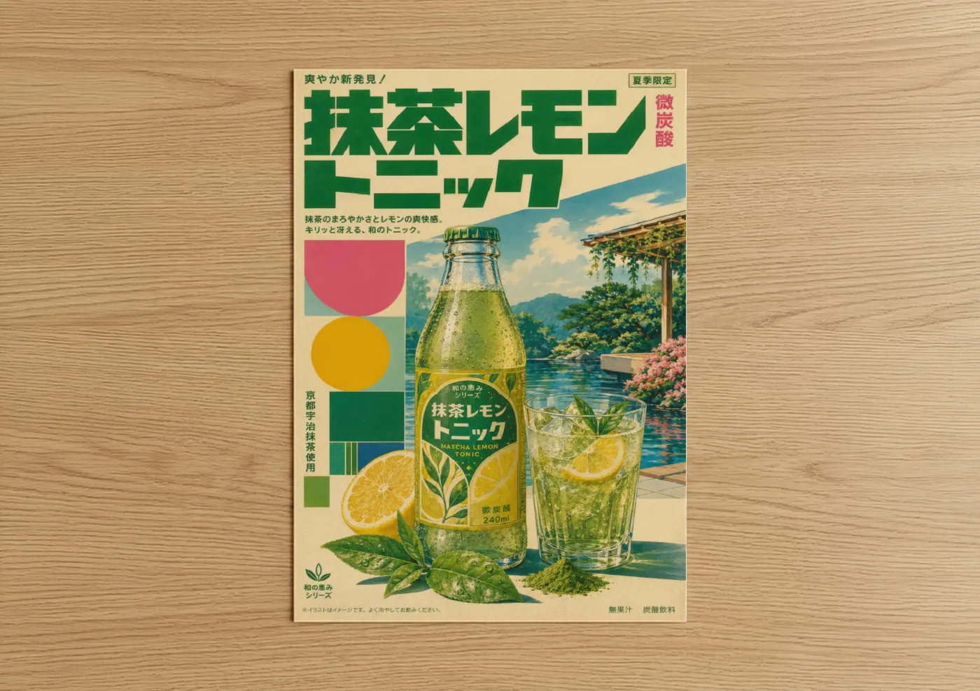 Tea art print on warm oak wood — green and yellow palette — Vintage Japanese Matcha Lemon Tonic Wall Art poster