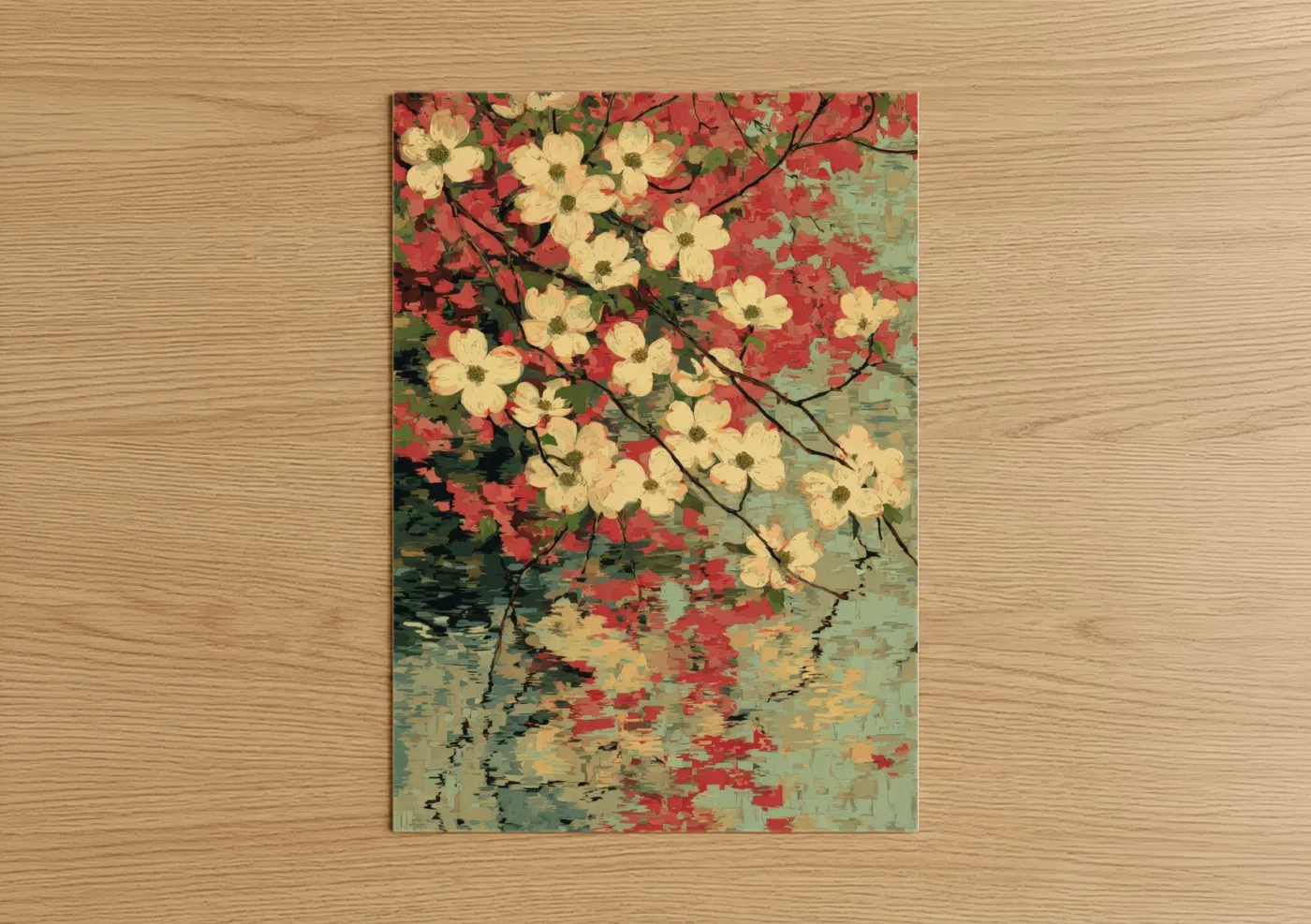 Art print on warm oak wood — cream and red palette — Cream Dogwood Reflection poster