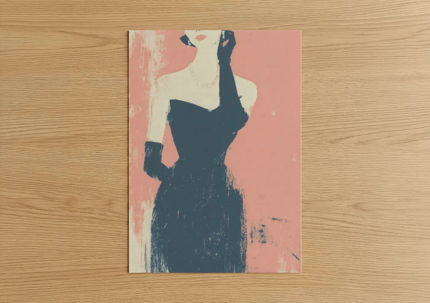 Fashion illustration art print on warm oak wood — peach and dark blue palette — Elegant Silhouette poster