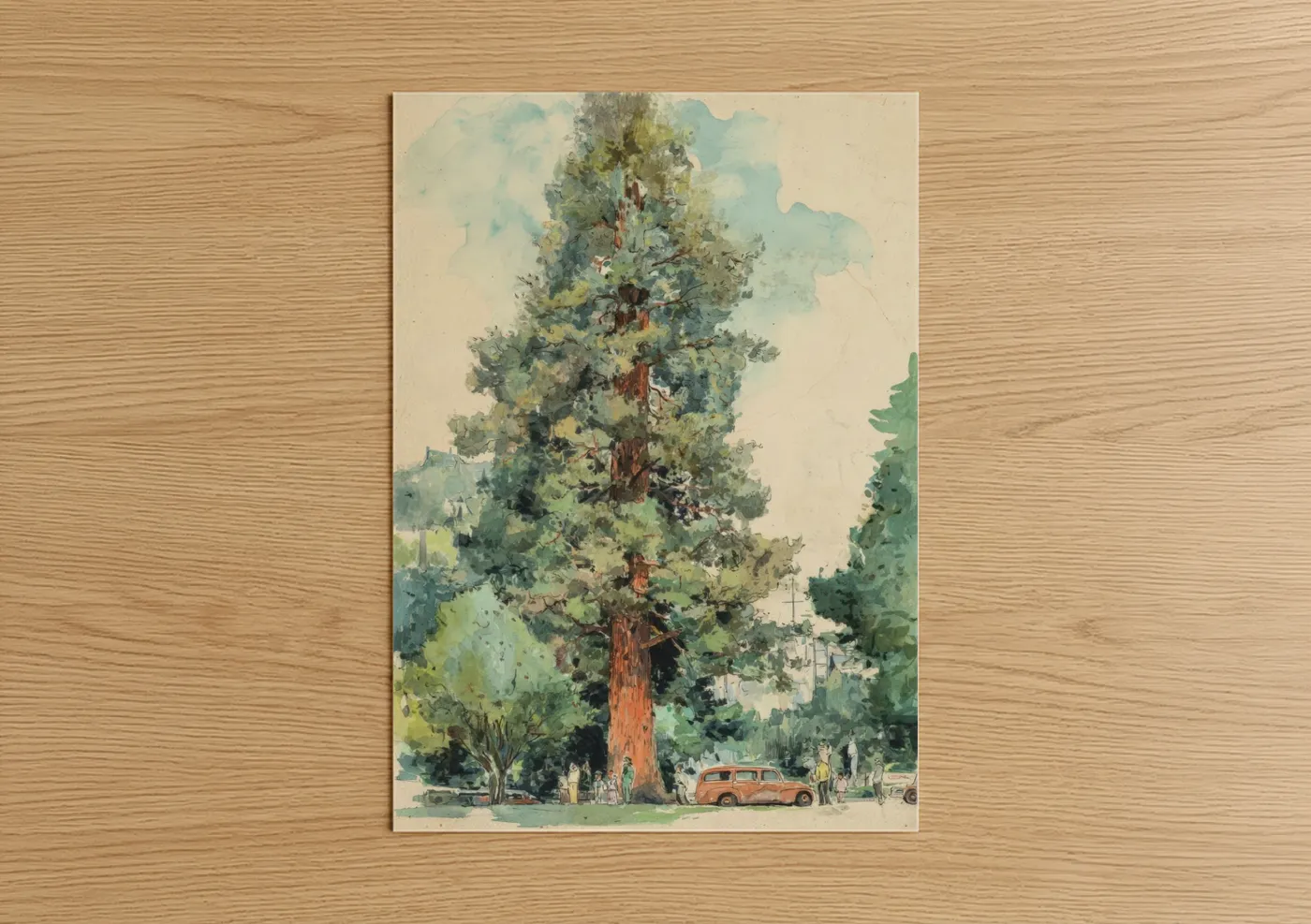 Redwood tree art print on warm oak wood — light green and russet palette — Majestic Redwood poster
