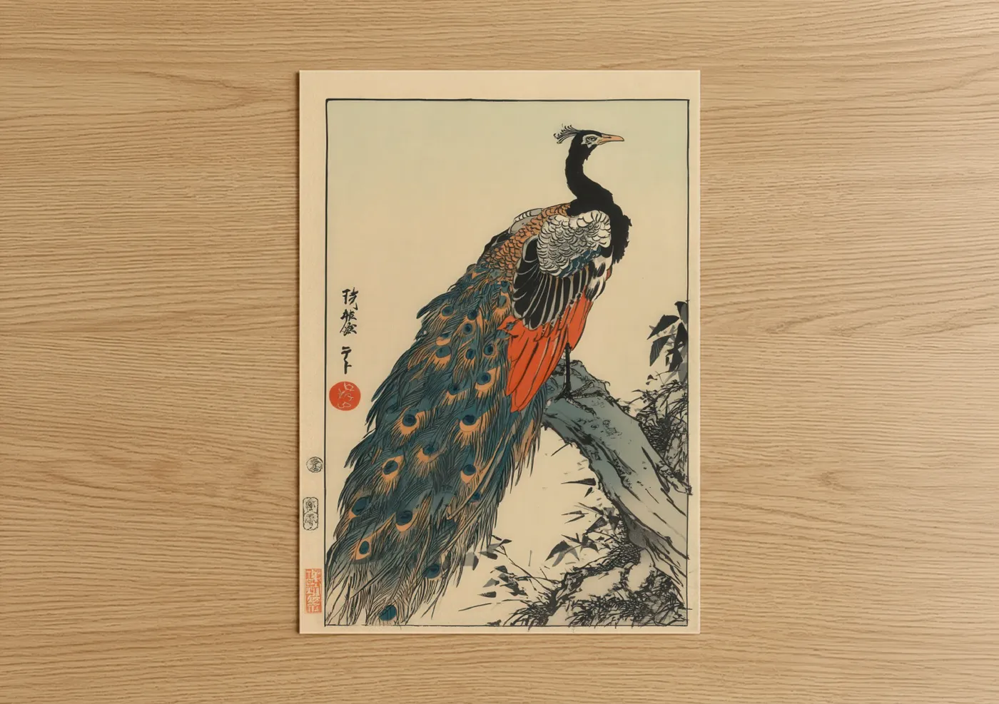Regal Peacock Japanese Woodblock Wall Art