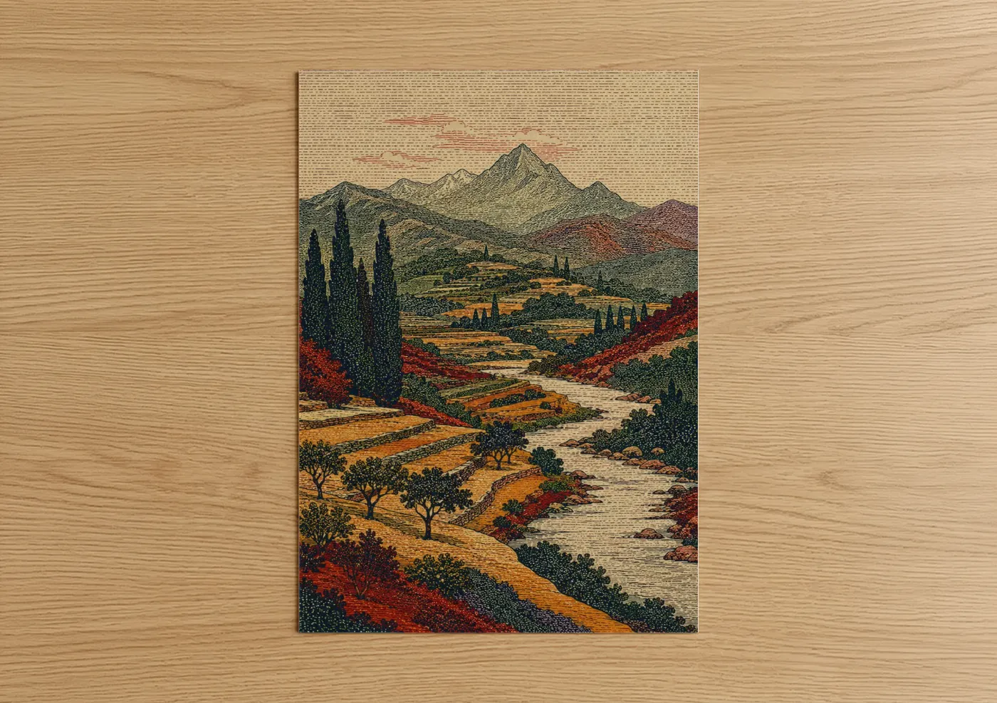 Art print on warm oak wood — beige and dark green palette — Mountain Valley River Landscape Wall Art poster