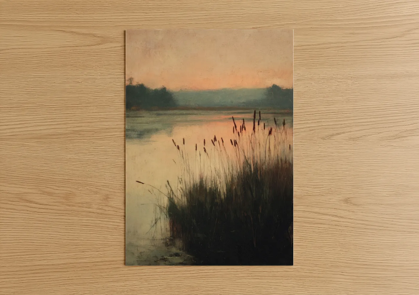 Lakes art print on warm oak wood — peach and gray palette — Dawn Lake Reeds poster