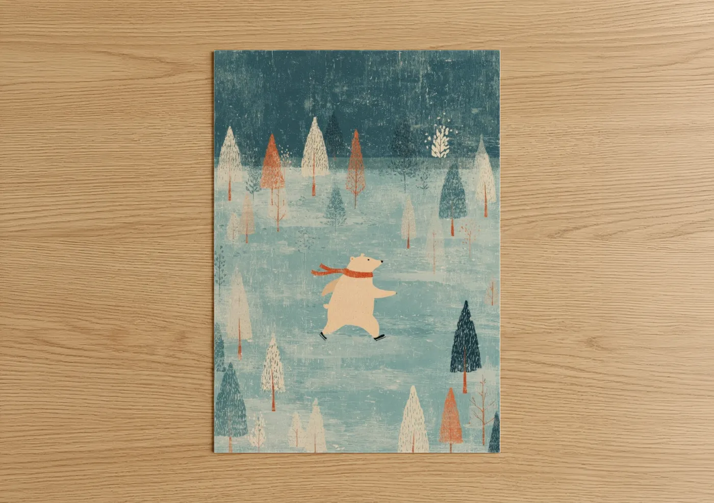Polar Bear Ice Skating Winter Forest Wall Art