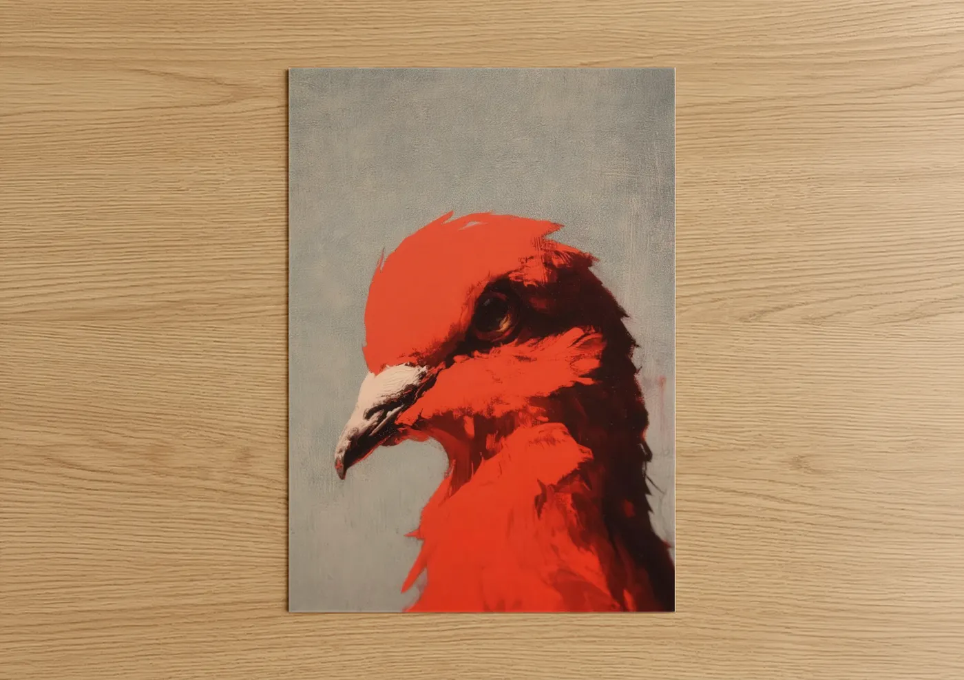 Art print on warm oak wood — red and gray palette — Crimson Pigeon Profile poster