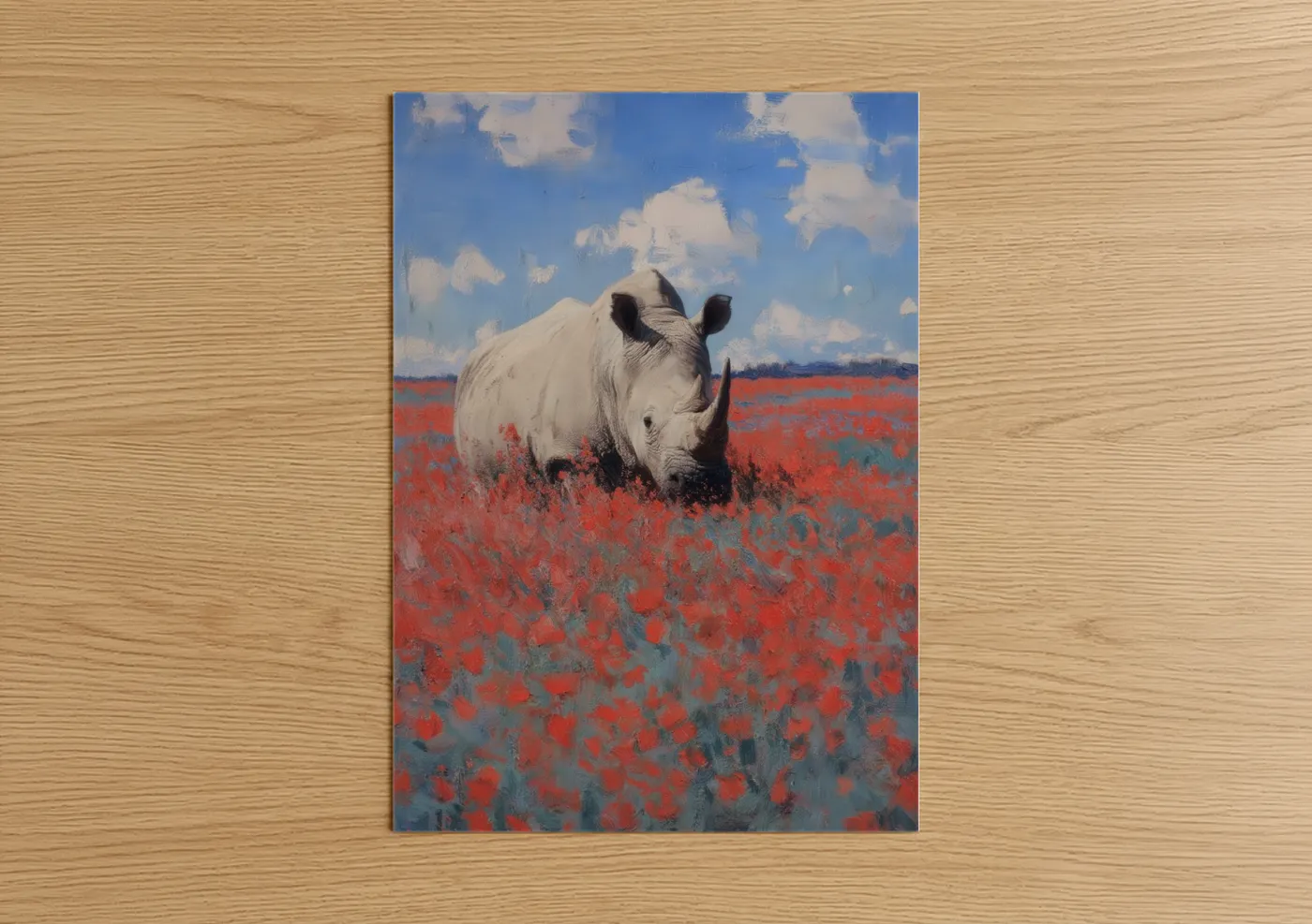 White Rhino Poppy Field Illustration Wall Art