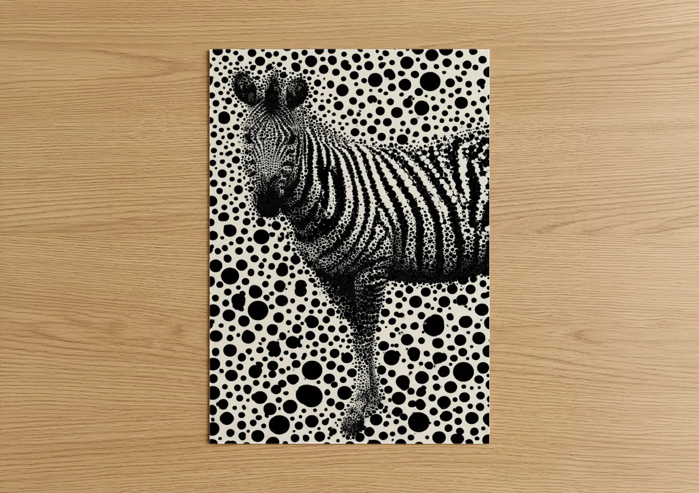 Art print on warm oak wood — black and white palette — Dotted Zebra poster