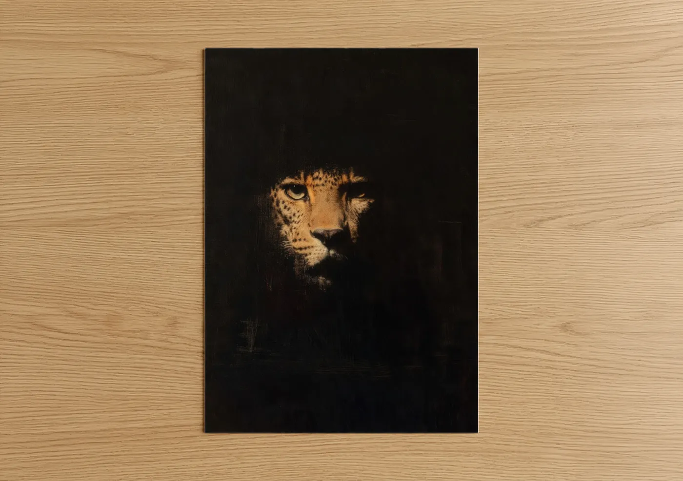 Art print on warm oak wood — black and gold palette — Shadow Leopard poster