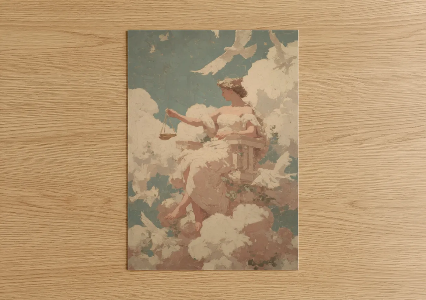 Art print on warm oak wood — cream and sage green palette — Celestial Libra poster