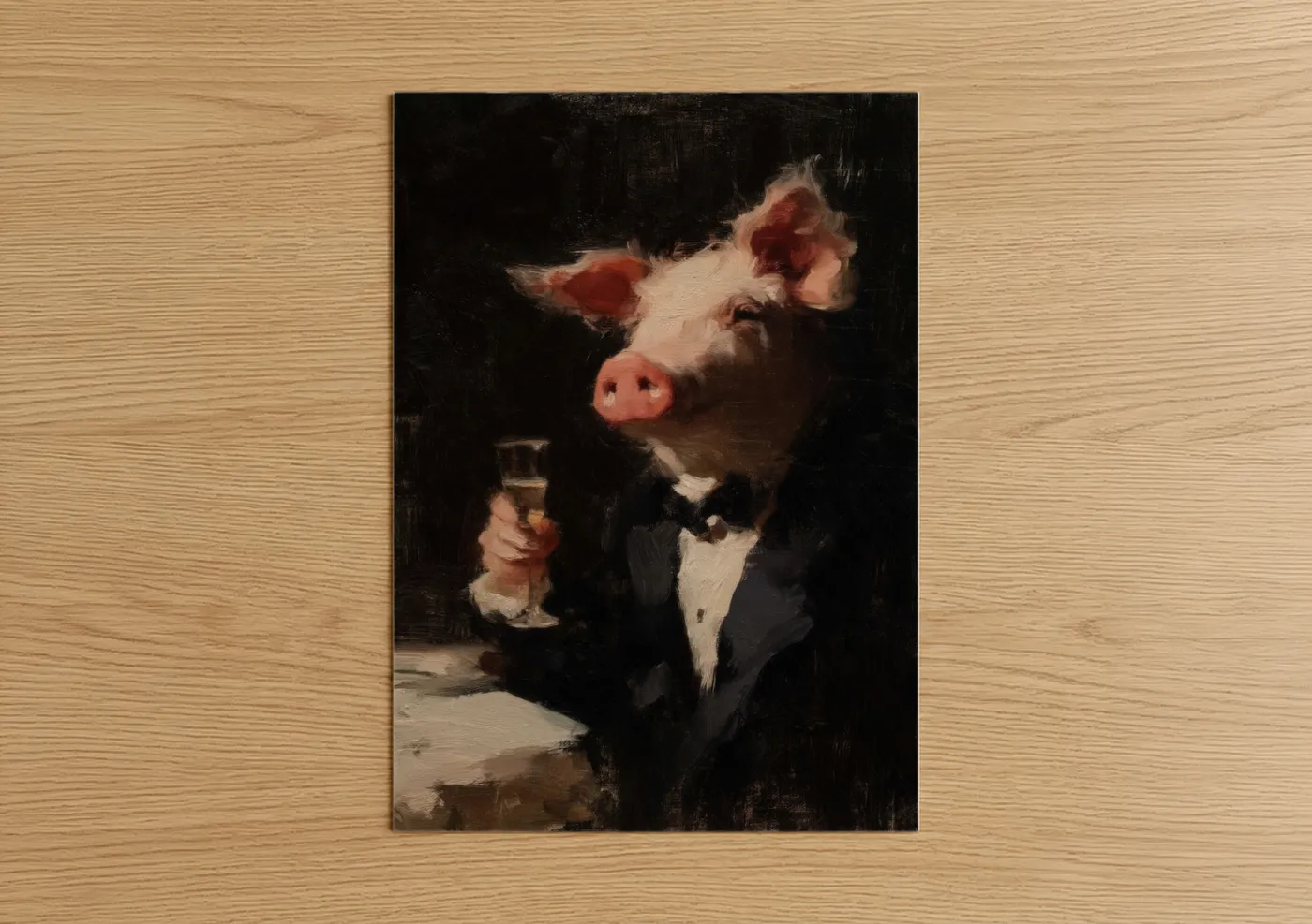 Elegant Tuxedo Pig with Champagne Glass Wall Art
