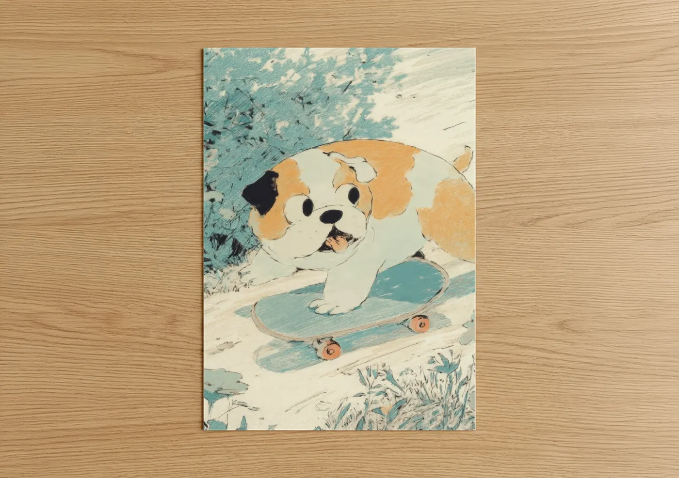 Art print on warm oak wood — teal and peach palette — Skateboarding Bulldog poster
