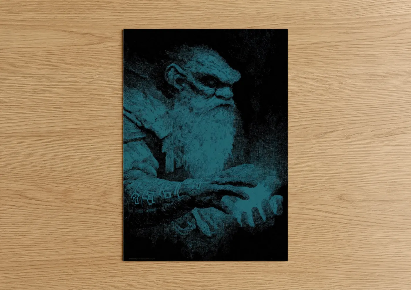 Dwarves art print on warm oak wood — dark blue and black palette — Bearded Dwarf poster