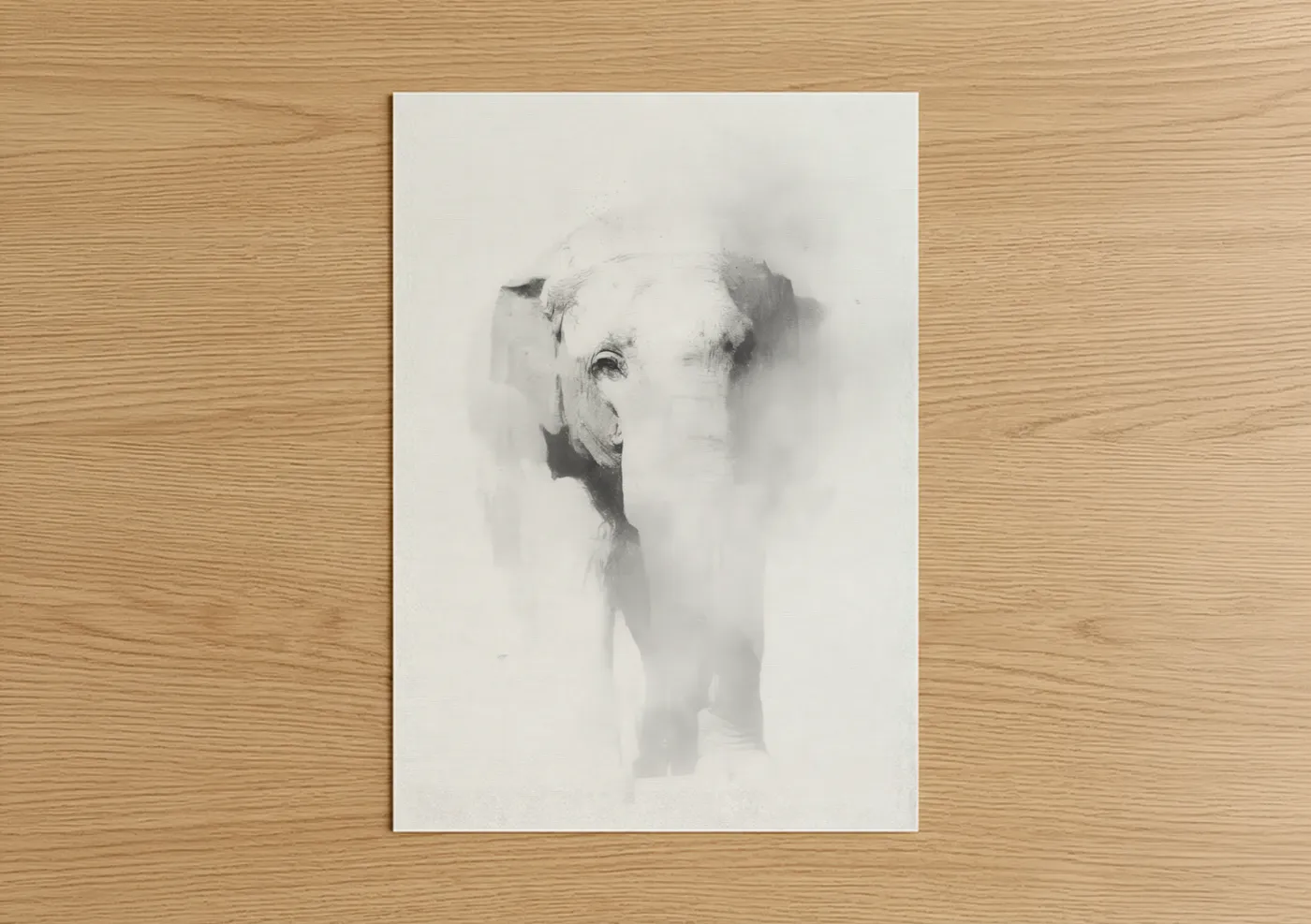 Asian elephant art print on warm oak wood — gray and white and gray palette — Misty Elephant poster