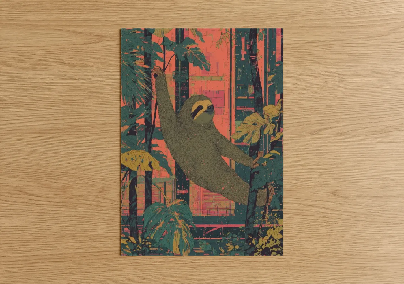 Art print on warm oak wood — orange and teal palette — Urban Sloth poster