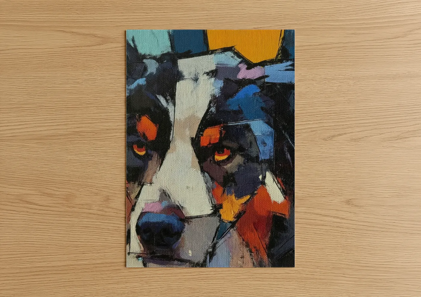 Shepherd dogs and collies art print on warm oak wood — blue and orange palette — Colorful Shepherd Portrait poster