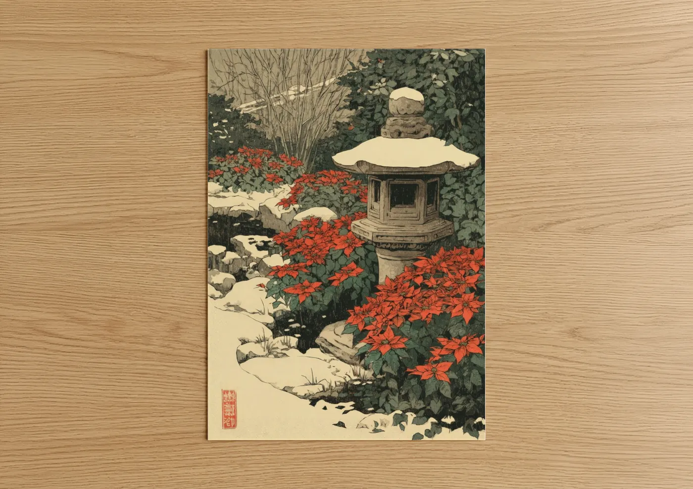 Winter Poinsettias Japanese Garden Woodblock Wall Art
