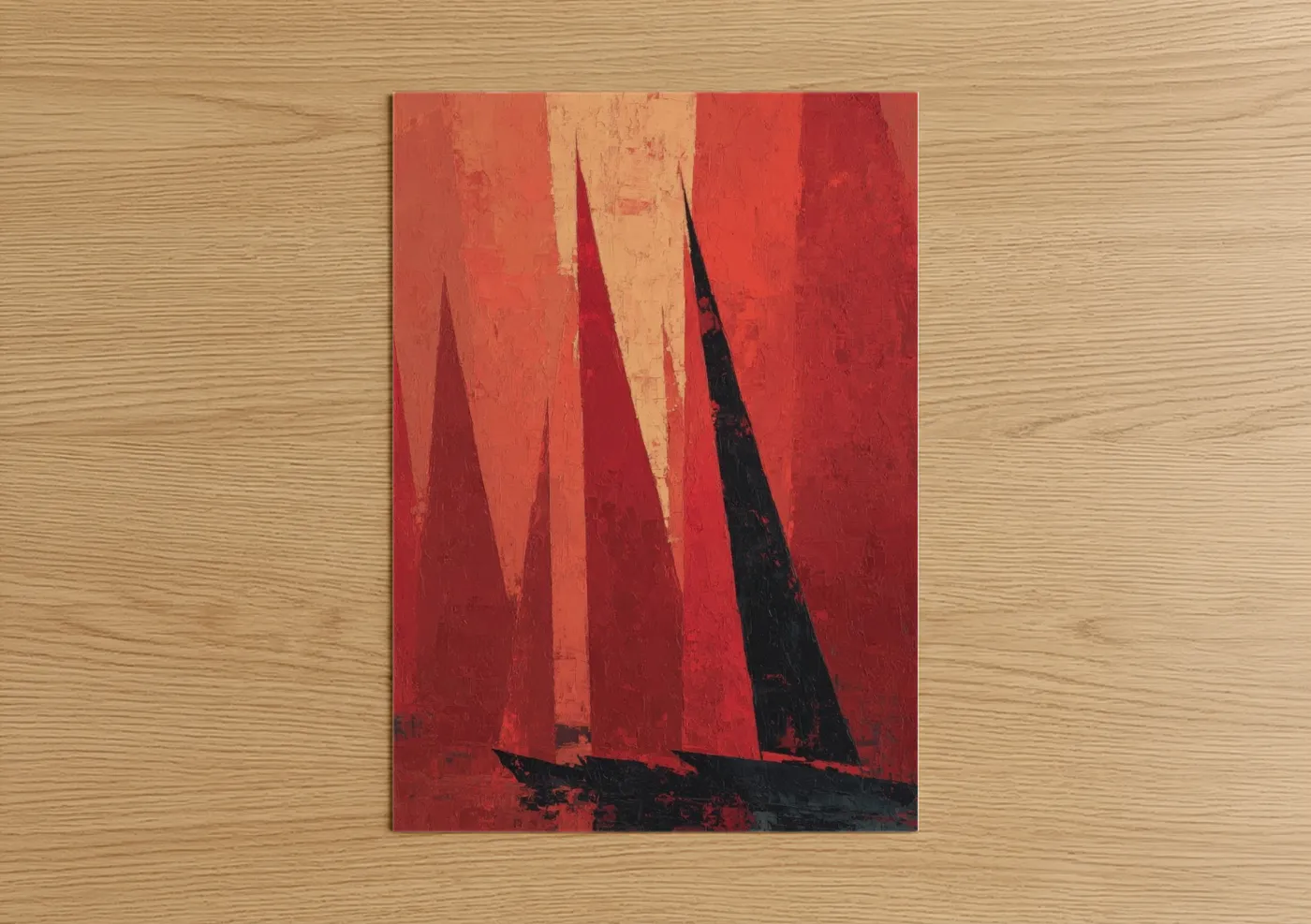 Sailing art print on warm oak wood — red and cream palette — Crimson Sailboat poster