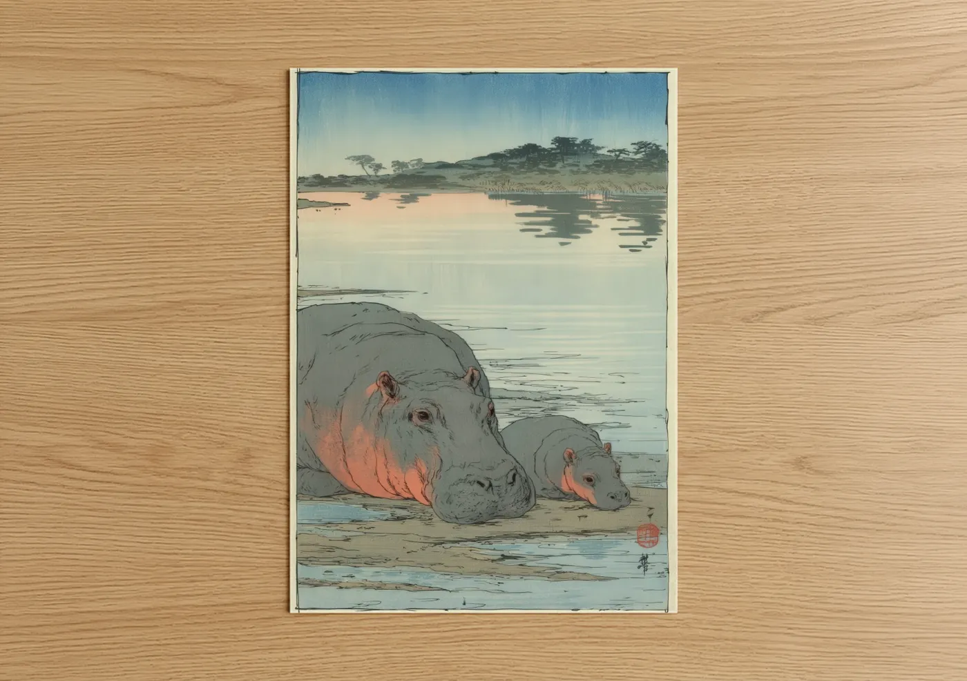 Hippo Mother and Calf Watercolor Landscape Wall Art