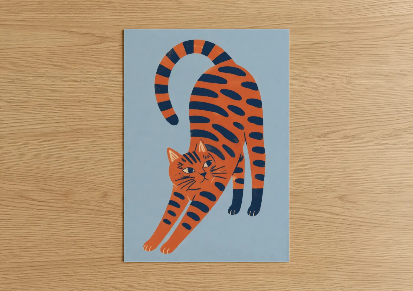 Art print on warm oak wood — orange and blue palette — Stretching Orange Tiger Cat Wall Art poster