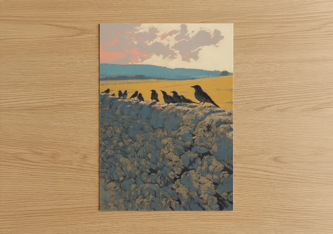Art print on warm oak wood — gold and teal palette — Perched Thrushes poster