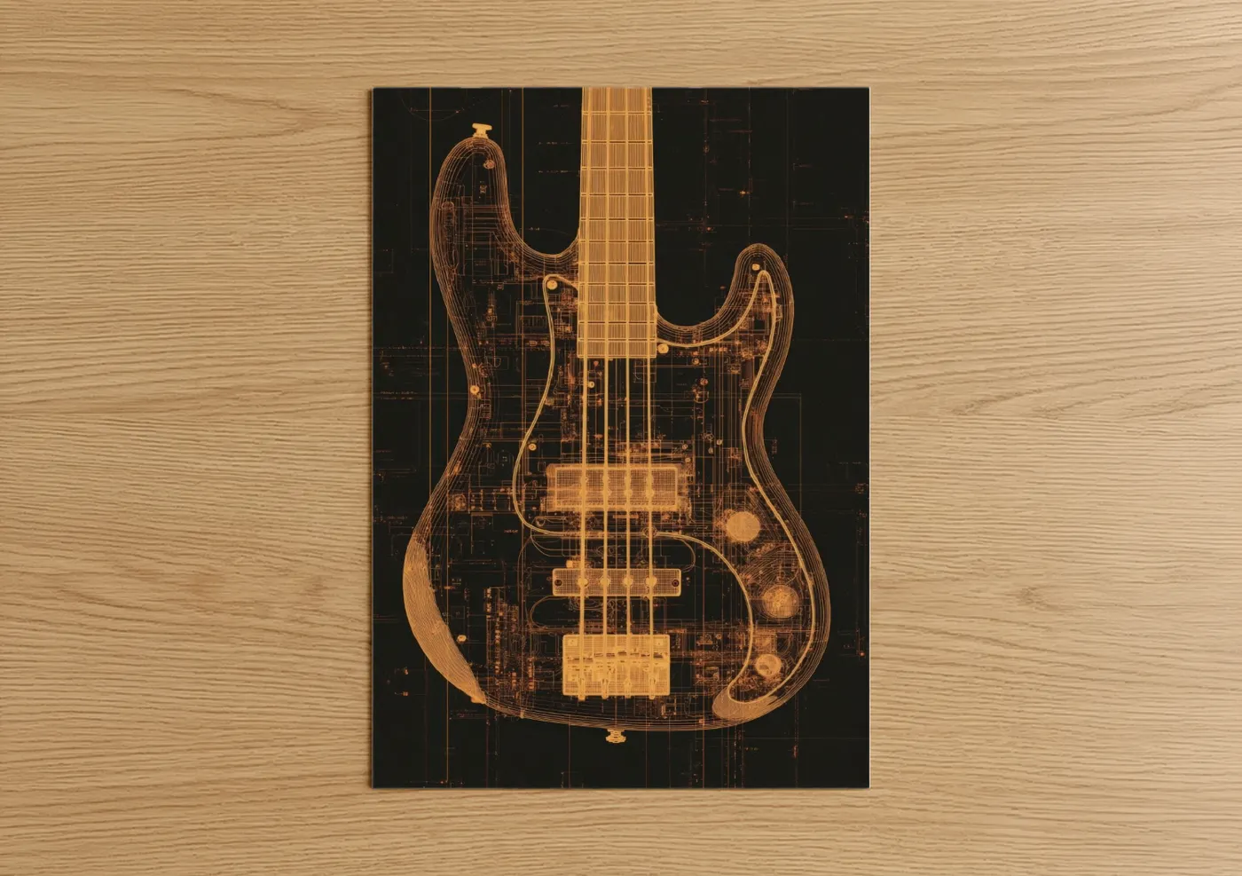 Bass guitar art print on warm oak wood — gold and black palette — Golden Blueprint Bass poster