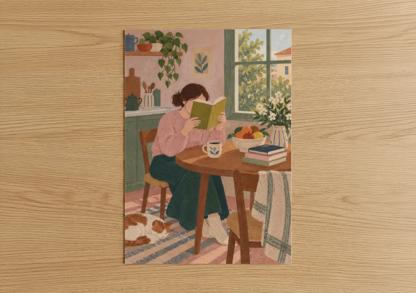Art print on warm oak wood — peach and true green palette — Woman Reading With Cat Kitchen Wall Art poster