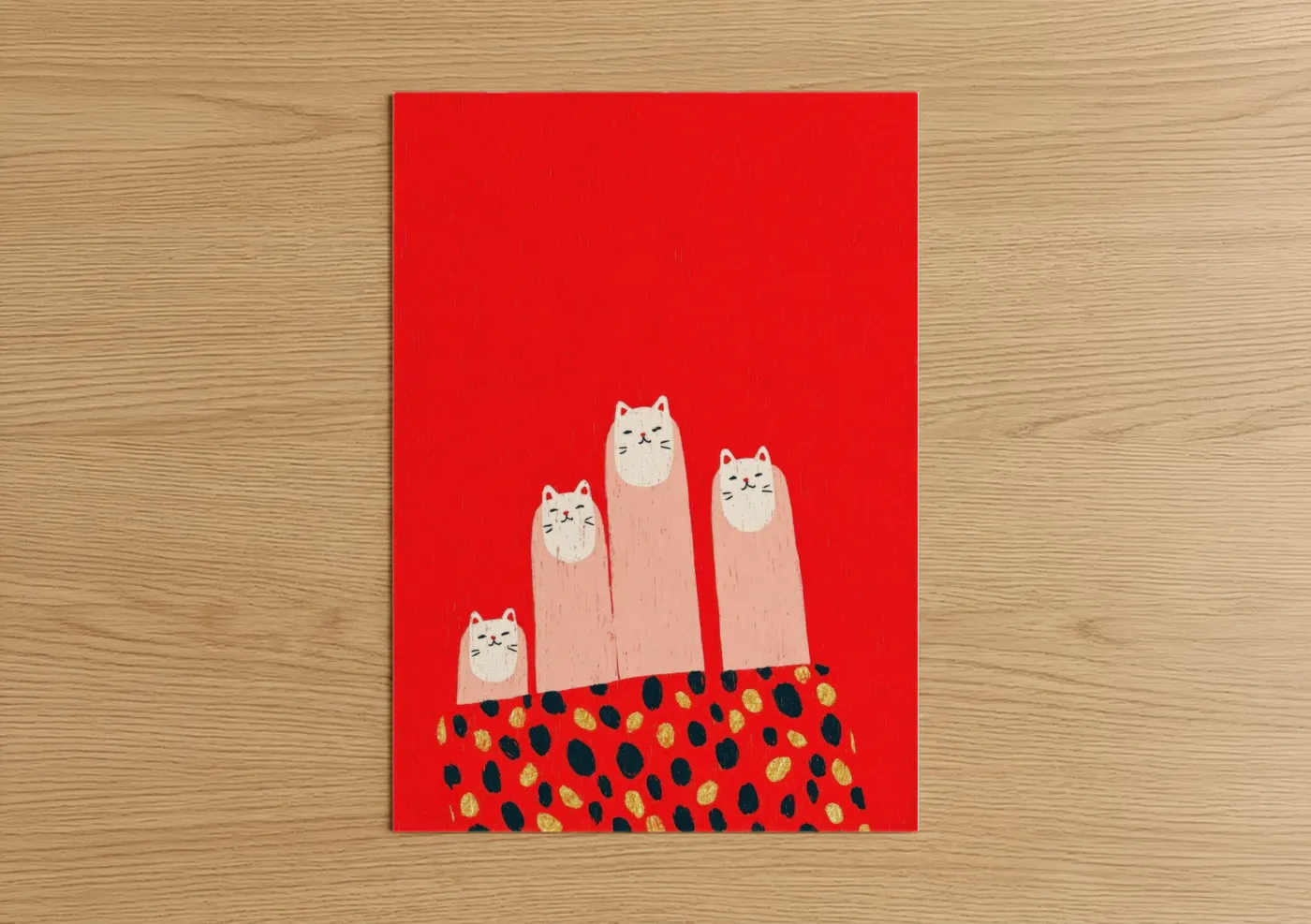 Art print on warm oak wood — red and gold palette — Kitty Nail Art poster