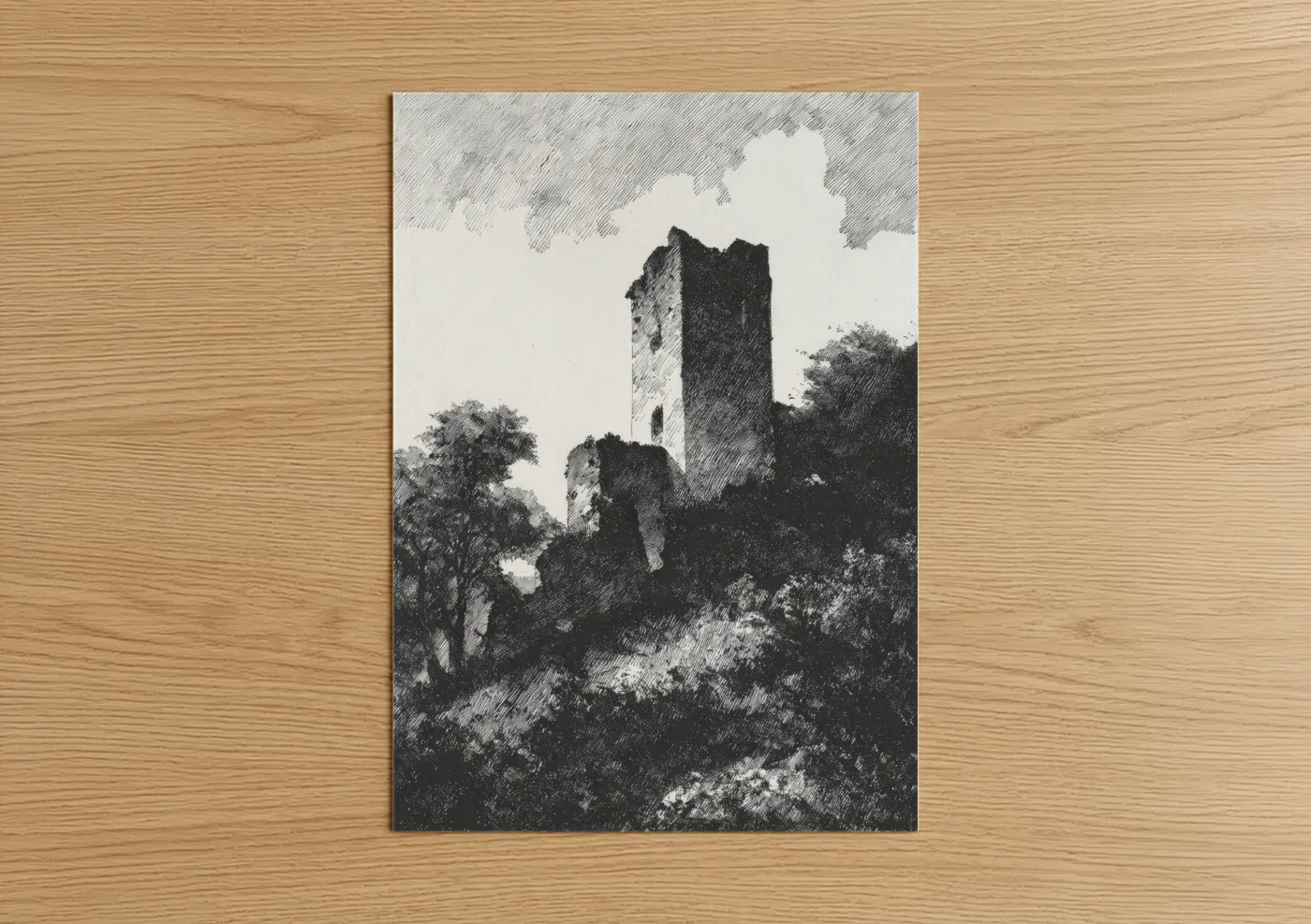 Towers art print on warm oak wood — black and white palette — Ruined Stone Tower poster