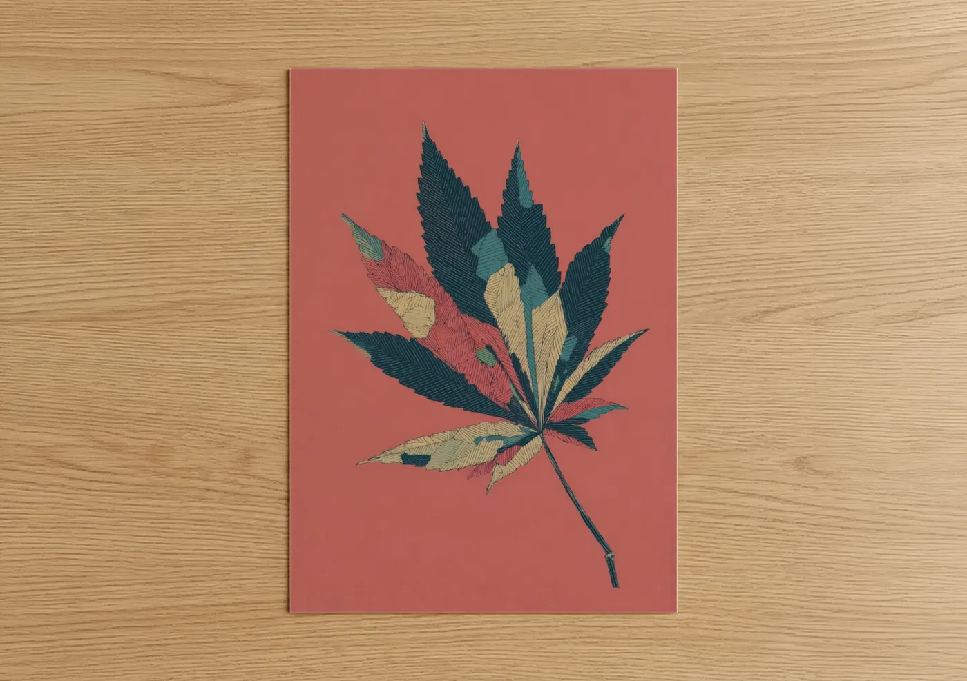 Art print on warm oak wood — russet and teal palette — Coral Cannabis Leaf poster