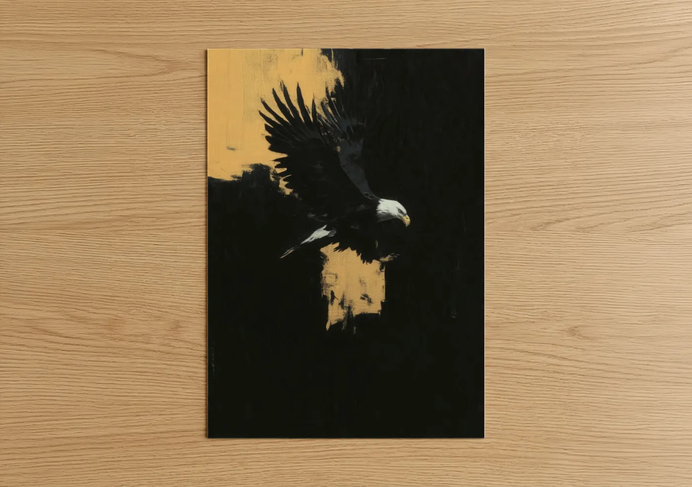 Art print on warm oak wood — black and gold and cream palette — Golden Eagle poster