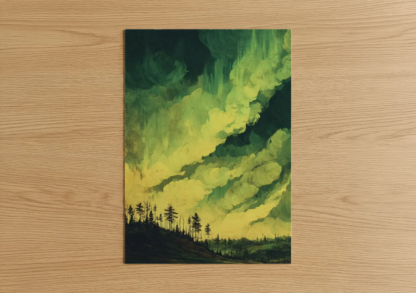 Art print on warm oak wood — lime green and yellow palette — Aurora Tornado poster