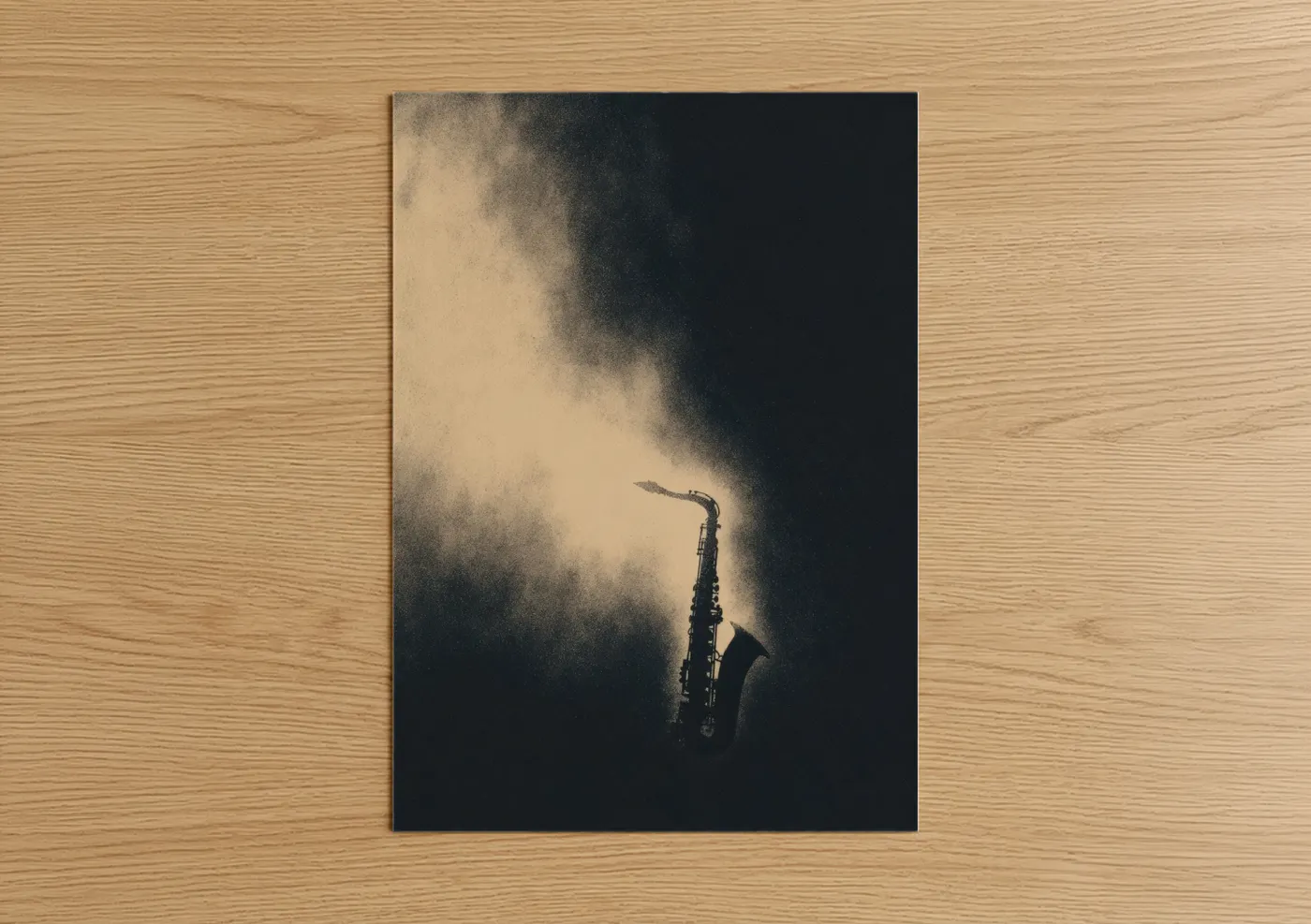 Art print on warm oak wood — black and white and champagne gold palette — Smoky Saxophone poster