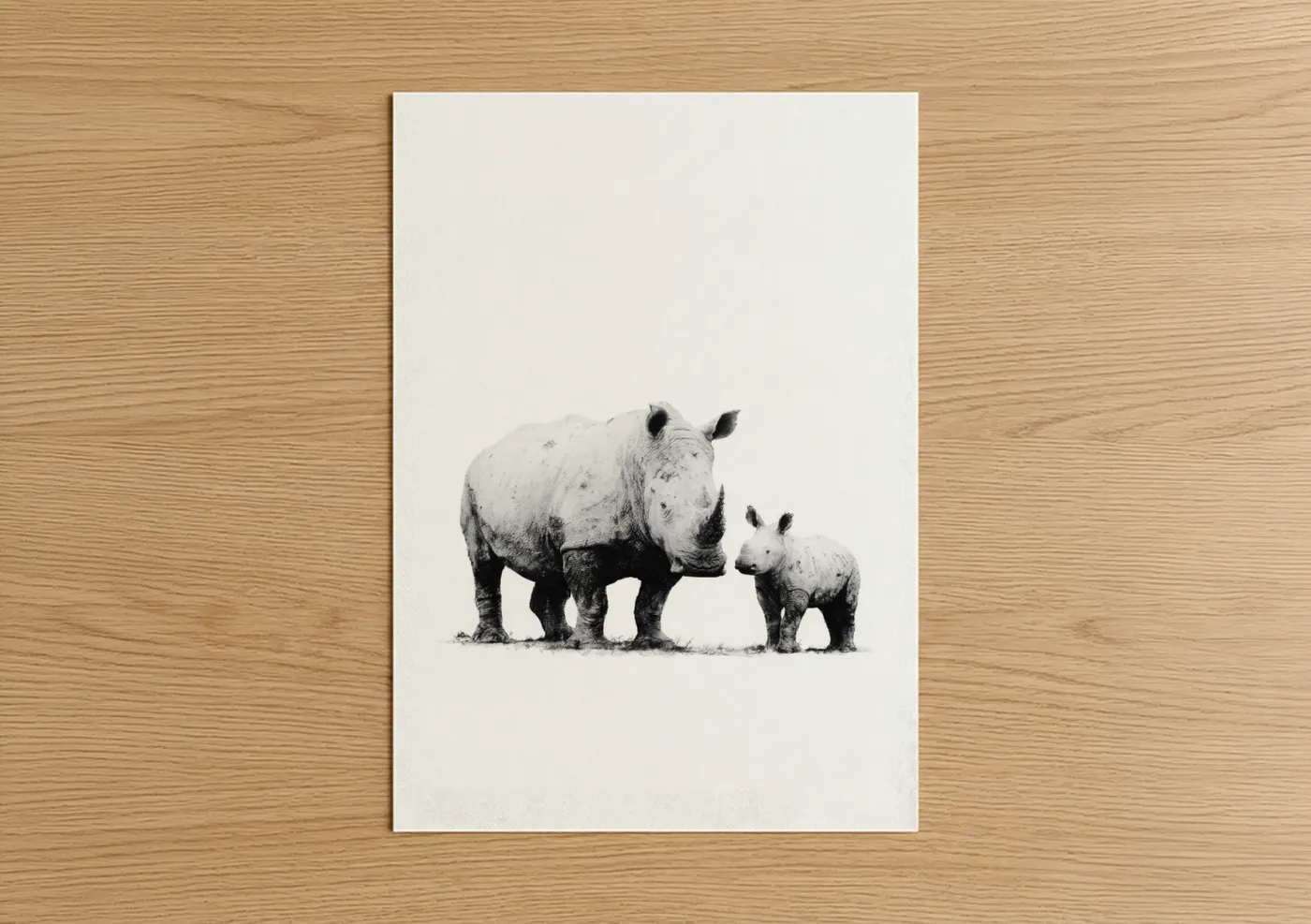 Mother and Baby Rhino Black White Wall Art