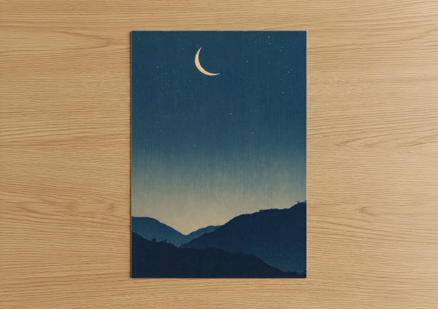 Space art print on warm oak wood — dark blue and cream palette — Crescent Night Sky poster